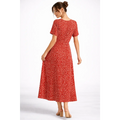 Red Floral Midi Dress – Elegant Short Sleeve Fit & Flare Dress - Women’s Dress