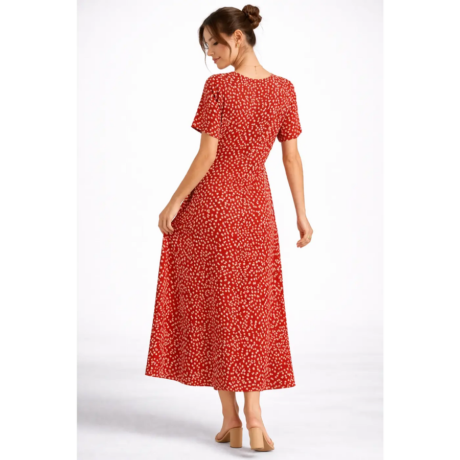 Red Floral Midi Dress – Elegant Short Sleeve Fit & Flare Dress - Women’s Dress