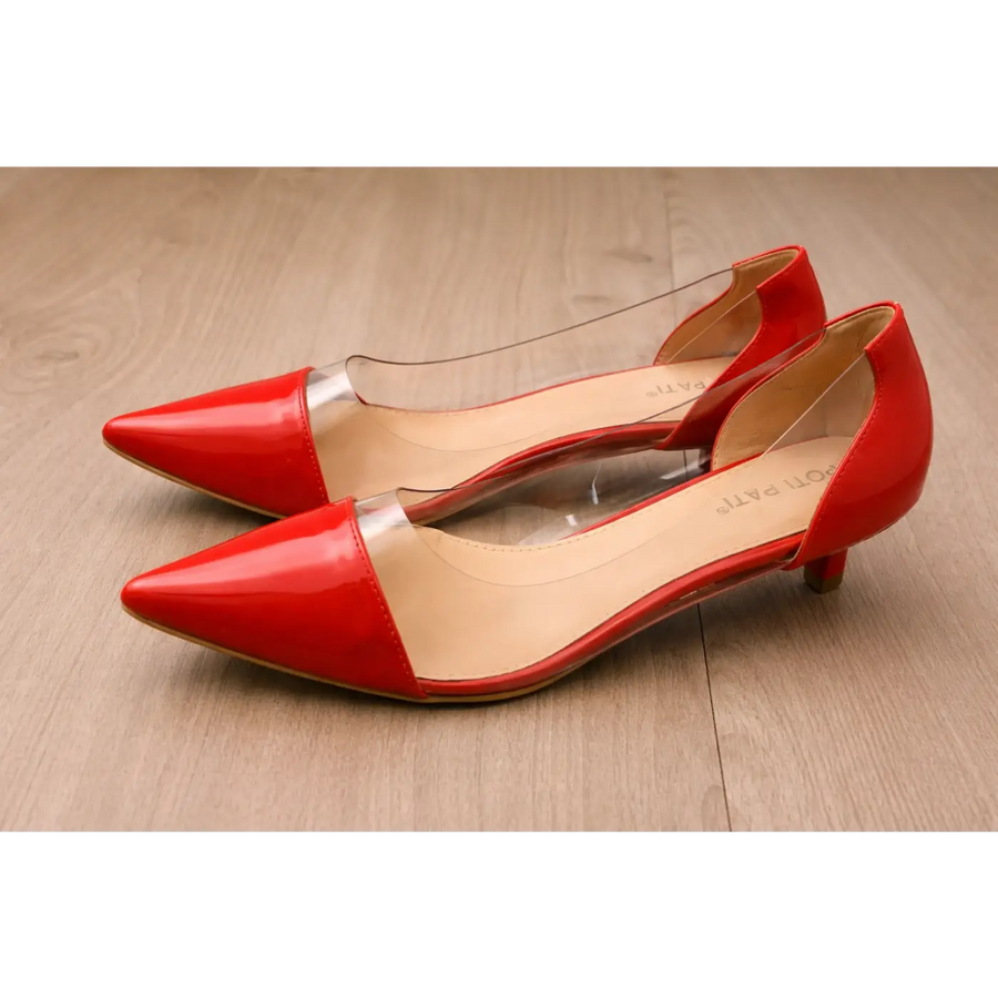 Red Patent Pointed Toe Heels with Transparent Sides – Elegant Kitten Heel Pumps