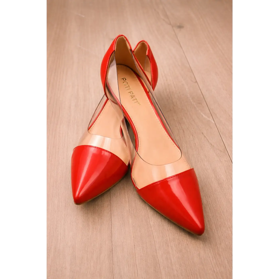 Red Patent Pointed Toe Heels with Transparent Sides – Elegant Kitten Heel Pumps