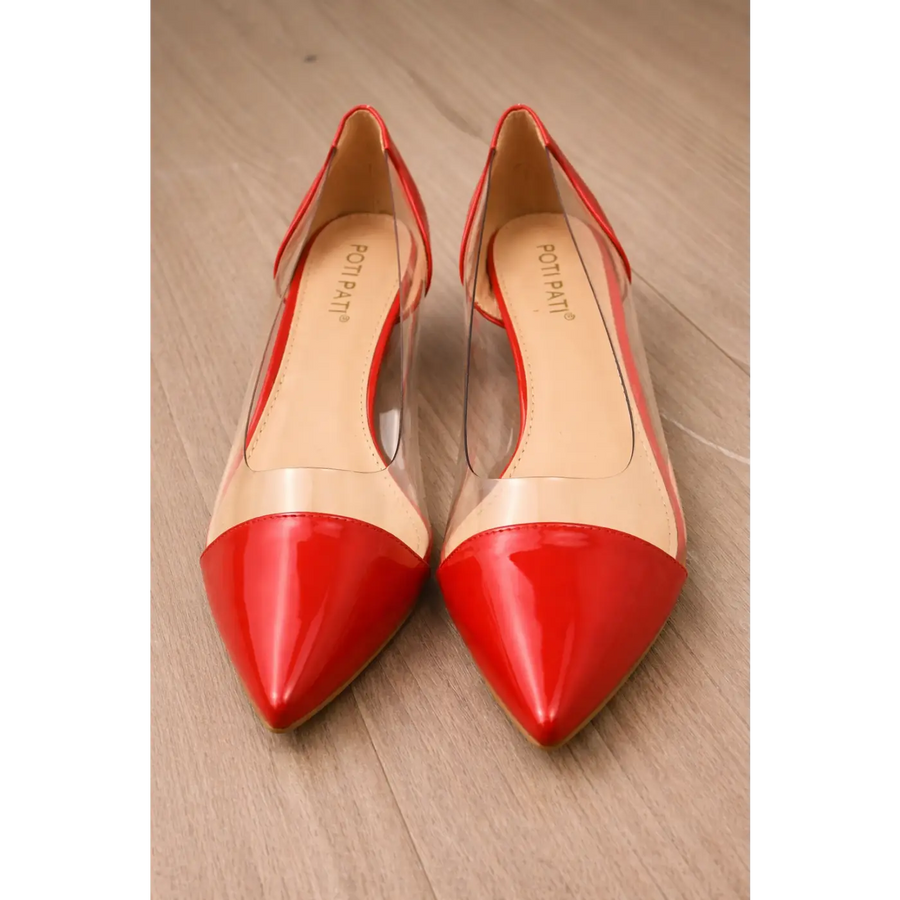Red Patent Pointed Toe Heels with Transparent Sides – Elegant Kitten Heel Pumps