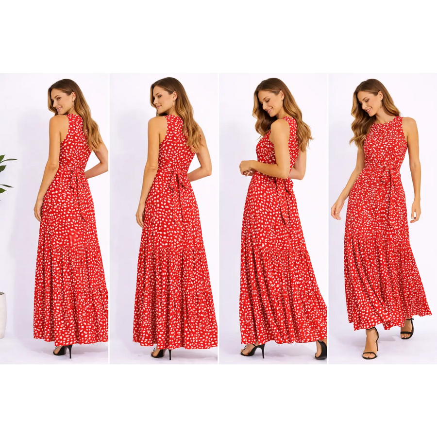 Red Polka Dot Sleeveless Maxi Dress – Elegant Tie Waist Summer Dress - Women’s Dress