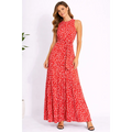Red Polka Dot Sleeveless Maxi Dress – Elegant Tie Waist Summer Dress - Women’s Dress