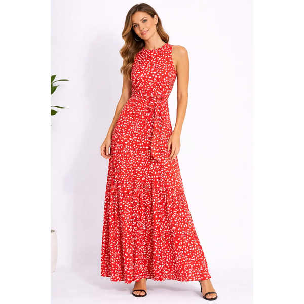 Red Polka Dot Sleeveless Maxi Dress – Elegant Tie Waist Summer Dress - Women’s Dress