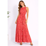 Red Polka Dot Sleeveless Maxi Dress – Elegant Tie Waist Summer Dress - Women’s Dress