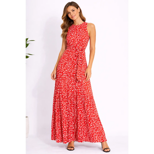 Red Polka Dot Sleeveless Maxi Dress – Elegant Tie Waist Summer Dress - Women’s Dress