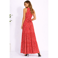 Red Polka Dot Sleeveless Maxi Dress – Elegant Tie Waist Summer Dress - Women’s Dress