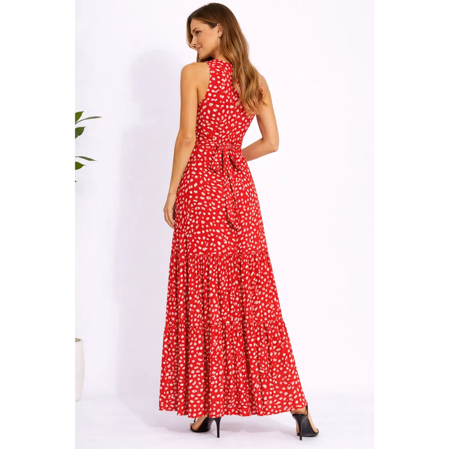 Red Polka Dot Sleeveless Maxi Dress – Elegant Tie Waist Summer Dress - Women’s Dress