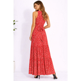 Red Polka Dot Sleeveless Maxi Dress – Elegant Tie Waist Summer Dress - Women’s Dress