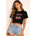 Rhinestone Cherry Crop Tee – Black - Crop Top