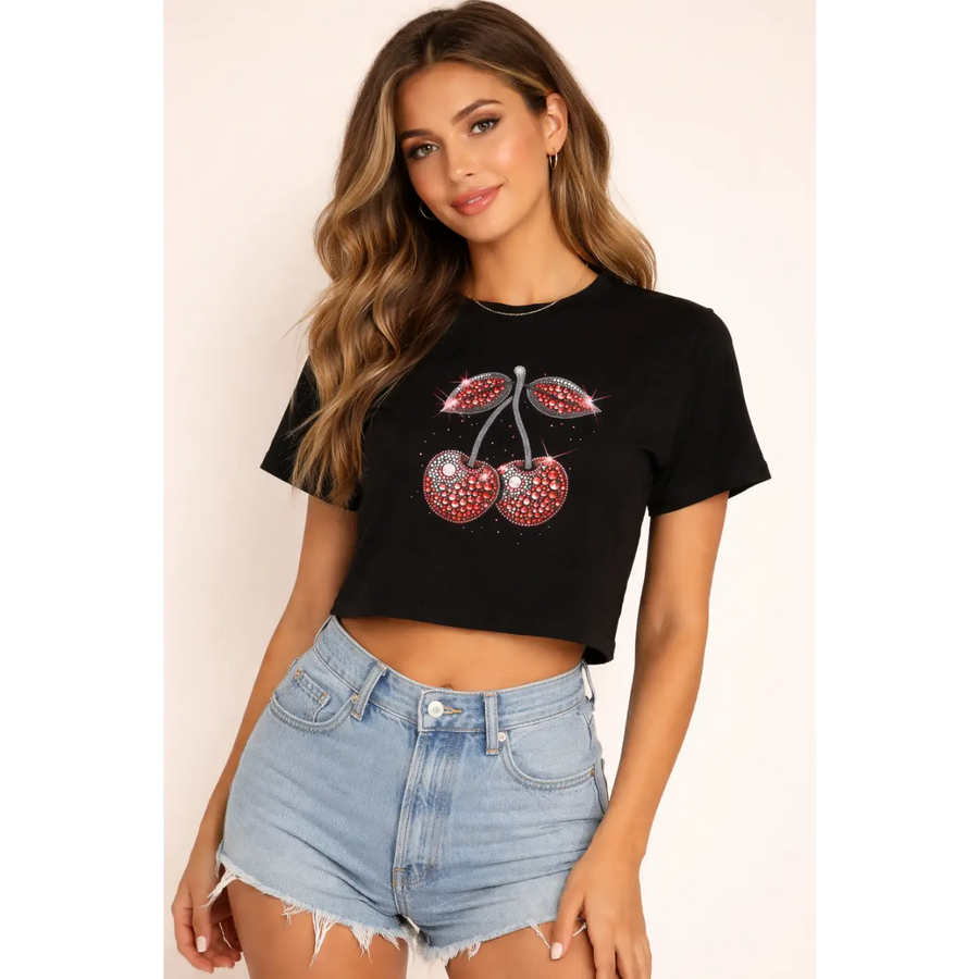 Rhinestone Cherry Crop Tee – Black - Crop Top
