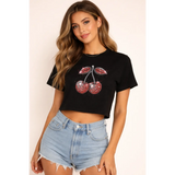 Rhinestone Cherry Crop Tee – Black - Crop Top