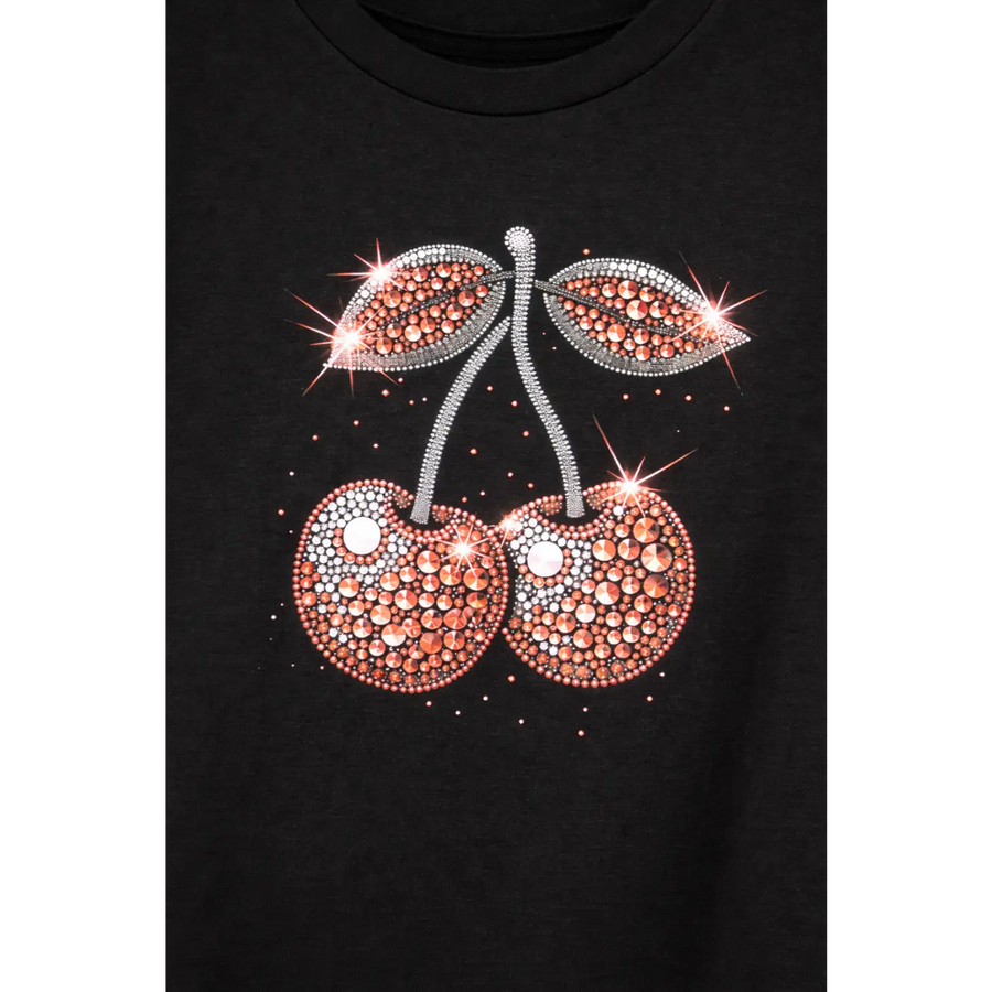 Rhinestone Cherry Crop Tee – Black - Crop Top
