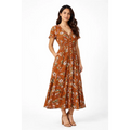 Rust Floral Midi Dress – V-Neck Button Front Flowy Dress with Elastic Waist - Women’s Dress