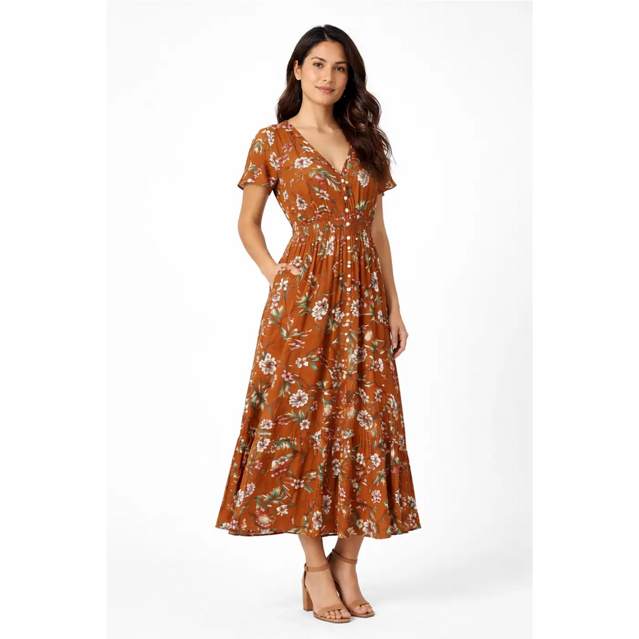 Rust Floral Midi Dress – V-Neck Button Front Flowy Dress with Elastic Waist - Women’s Dress