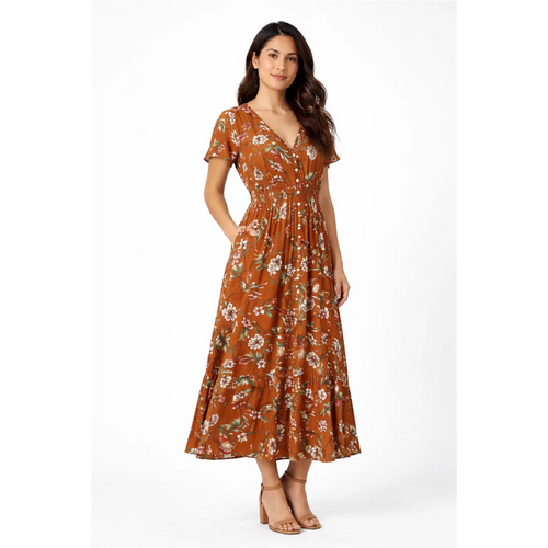 Rust Floral Midi Dress – V-Neck Button Front Flowy Dress with Elastic Waist - Women’s Dress