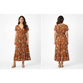Rust Floral Midi Dress – V-Neck Button Front Flowy Dress with Elastic Waist - Women’s Dress