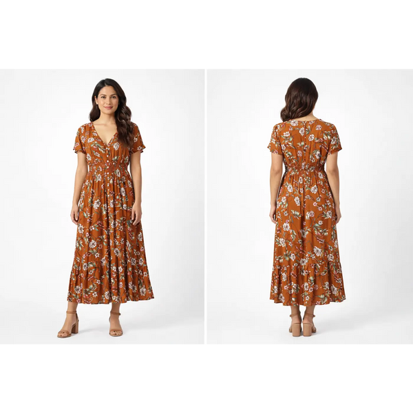 Rust Floral Midi Dress – V-Neck Button Front Flowy Dress with Elastic Waist - Women’s Dress