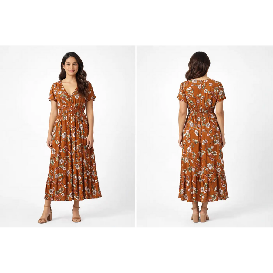 Rust Floral Midi Dress – V-Neck Button Front Flowy Dress with Elastic Waist - Women’s Dress