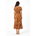 Rust Floral Midi Dress – V-Neck Button Front Flowy Dress with Elastic Waist - Women’s Dress