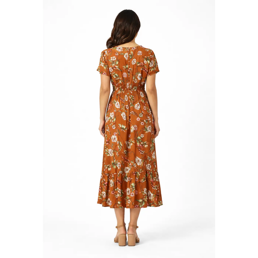 Rust Floral Midi Dress – V-Neck Button Front Flowy Dress with Elastic Waist - Women’s Dress