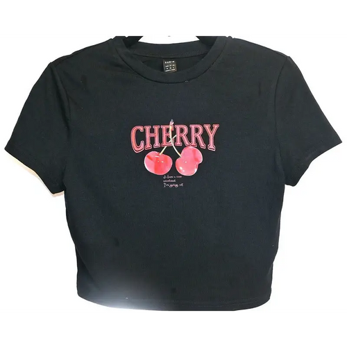 SHEIN Black "Cherry" Graphic Crop T-Shirt, Size M