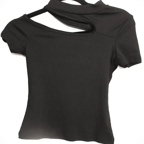 SHEIN Black Ribbed Choker Neck Cut-Out Crop Top, Petite XXS