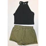 SHEIN Girls Black Halter Crop Top & Khaki/Olive Shorts Set