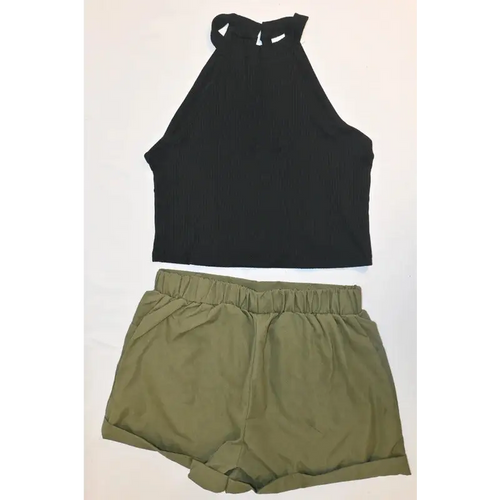 SHEIN Girls Black Halter Crop Top & Khaki/Olive Shorts Set