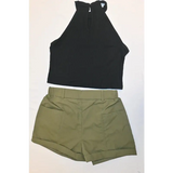 SHEIN Girls Black Halter Crop Top & Khaki/Olive Shorts Set