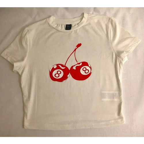 SHEIN White "8-Ball Cherry" Graphic Crop T-Shirt, Size XS