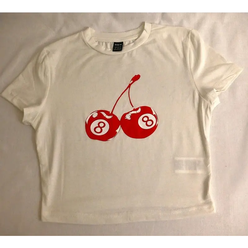 SHEIN White "8-Ball Cherry" Graphic Crop T-Shirt, Size XS
