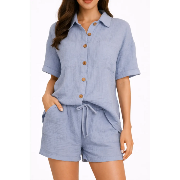 Sky Blue Cotton Lounge Shorts Set – Button-Up Top & Drawstring Shorts