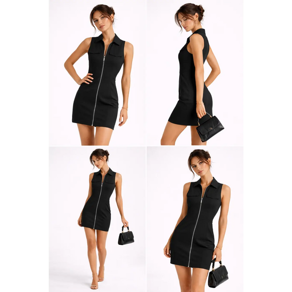 Sleek Zip-Up Mini Dress – Tailored Sleeveless Bodycon Dress - Women’s Dress