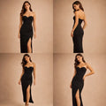 Strapless Black Bodycon Maxi Dress – Elegant Sweetheart Neck Gown with Slit - Women’s Dress