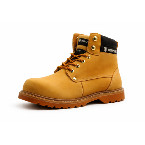 Tuffsafe classic tan safety work boot in tan leather with black accents and gold-tone hardware heavy duty design