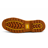 Tan rubber sole of tuffsafe classic tan heavy duty safety work boots with yellow goodyear welted and tuffsafe branding