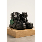 Tuffsafe men’s black steel toe safety work boots with black leather, sturdy laces, rugged sole, and brand logo on tongue