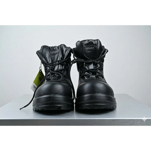 Tuffsafe men’s black steel toe safety work boots with durable leather upper and thick rubber sole