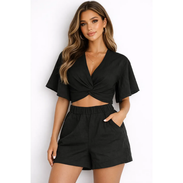 Twist Front Crop Top & Shorts Set - 2-Piece Set / Crop Top & Shorts / Matching Set