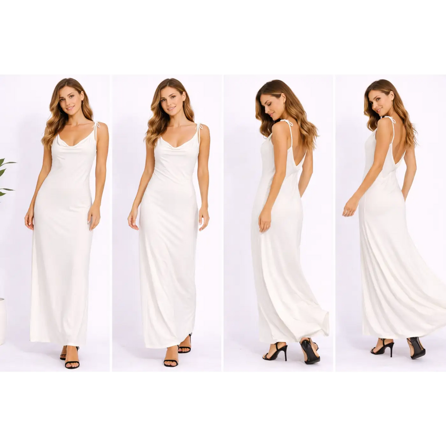 White Satin Slip Maxi Dress – Backless Tie Strap Elegant Dress - Women’s Dress