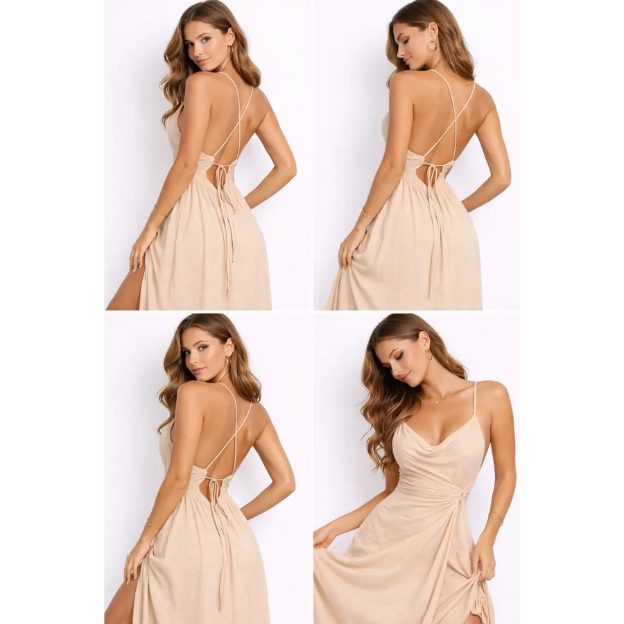 Women’s Beige Backless Maxi Dress – Tie Back Slit Summer Dress - Dresses