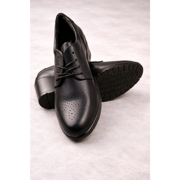 Women’s Black Leather Lace-Up Oxford Heels – Classic Block Heel Shoes - Oxford Heels