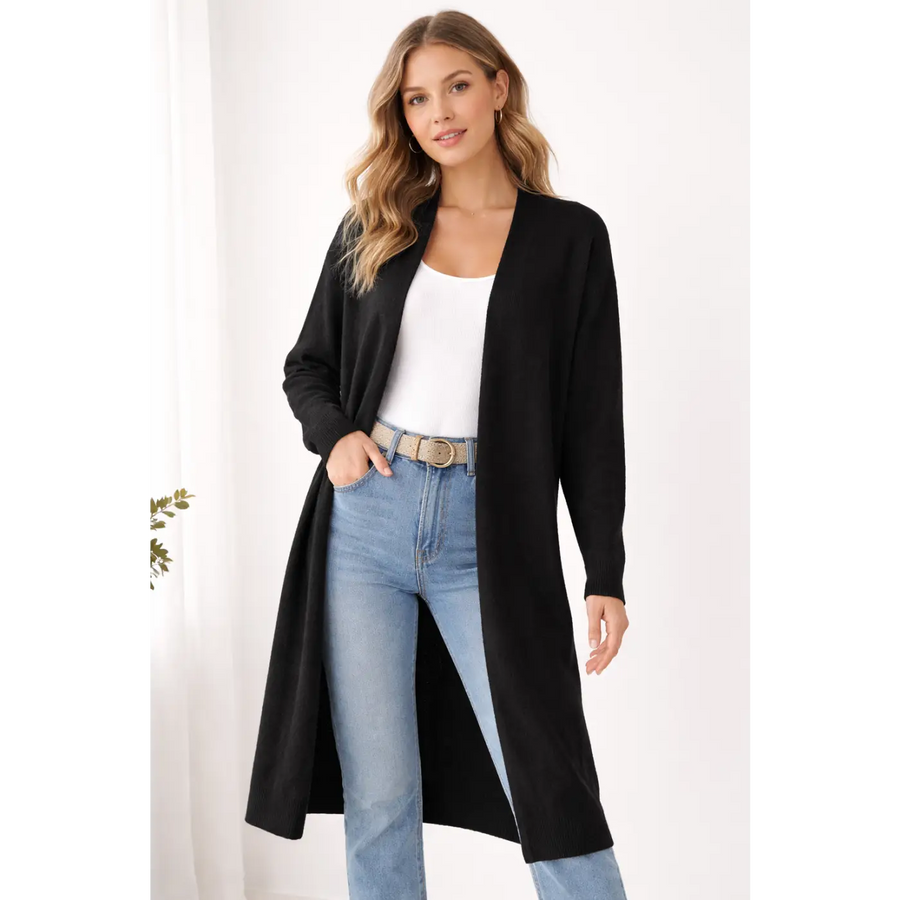 Women’s Black Longline Open Front Cardigan - Women’s Cardigan