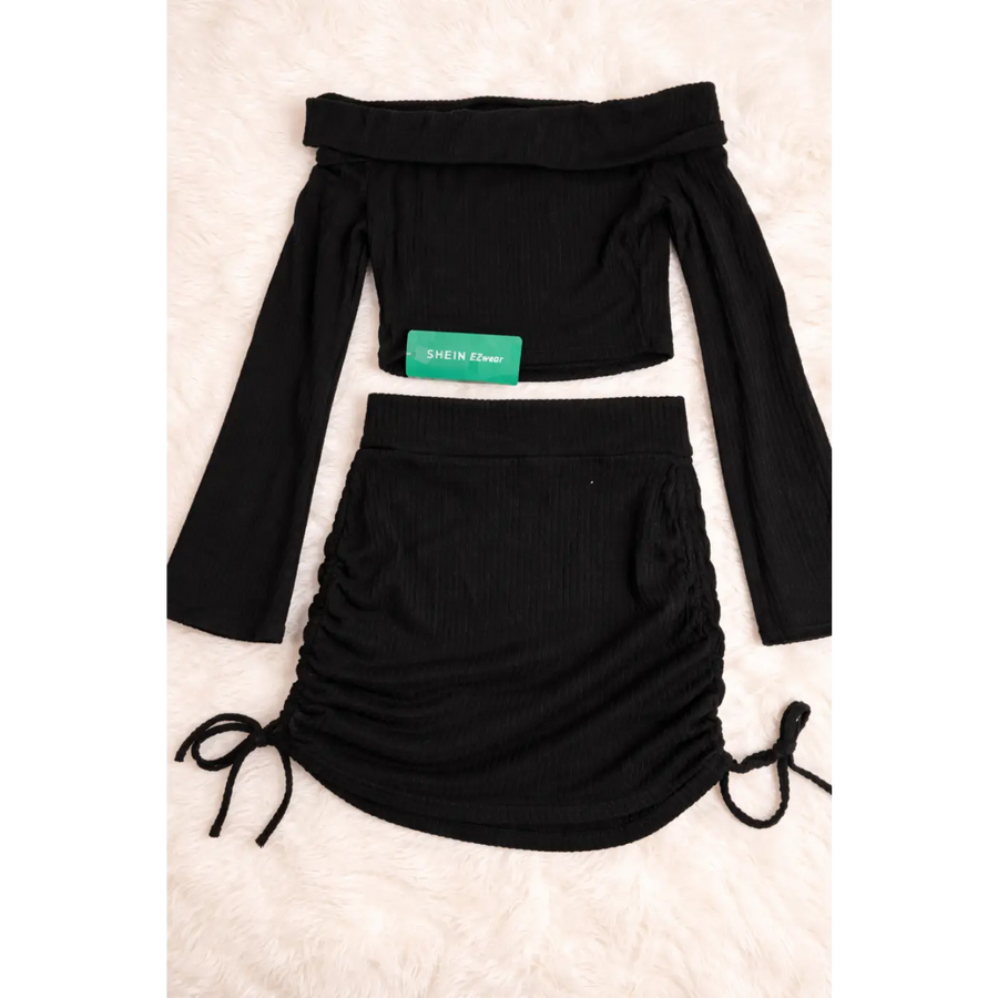 Women’s Black Ribbed Off-Shoulder Crop Top & Ruched Mini Skirt Set - Matching Set