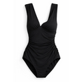 Women’s Black Ruched One-Piece Swimsuit – V-Neck Tummy Control - Women’s Swimwear
