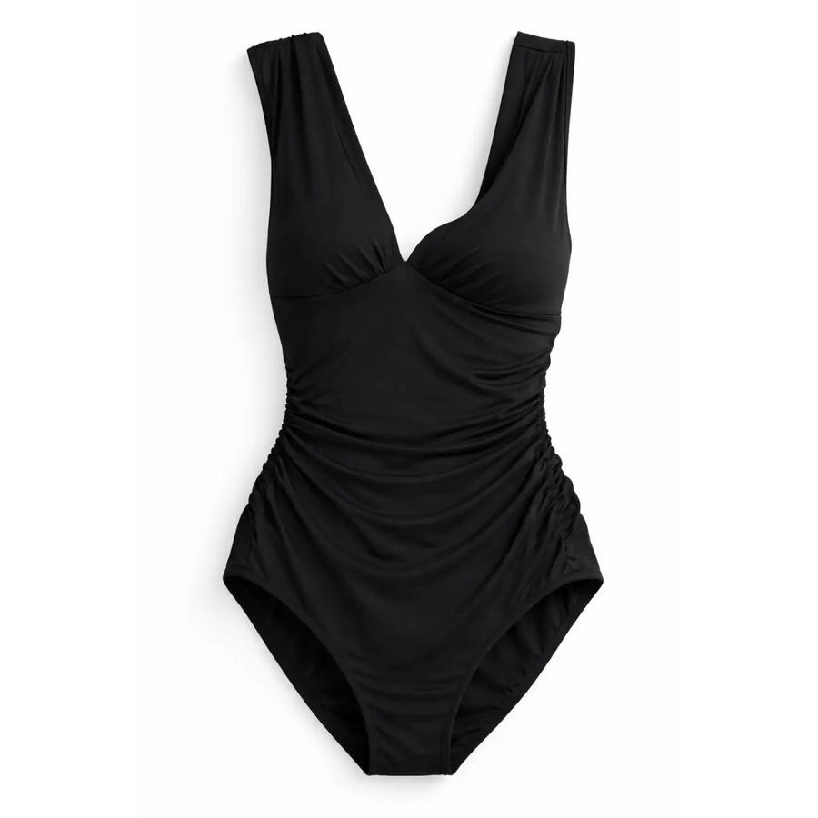 Women’s Black Ruched One-Piece Swimsuit – V-Neck Tummy Control - Women’s Swimwear