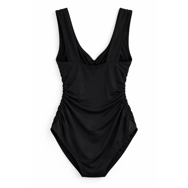 Women’s Black Ruched One-Piece Swimsuit – V-Neck Tummy Control - Women’s Swimwear