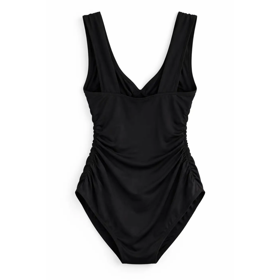 Women’s Black Ruched One-Piece Swimsuit – V-Neck Tummy Control - Women’s Swimwear