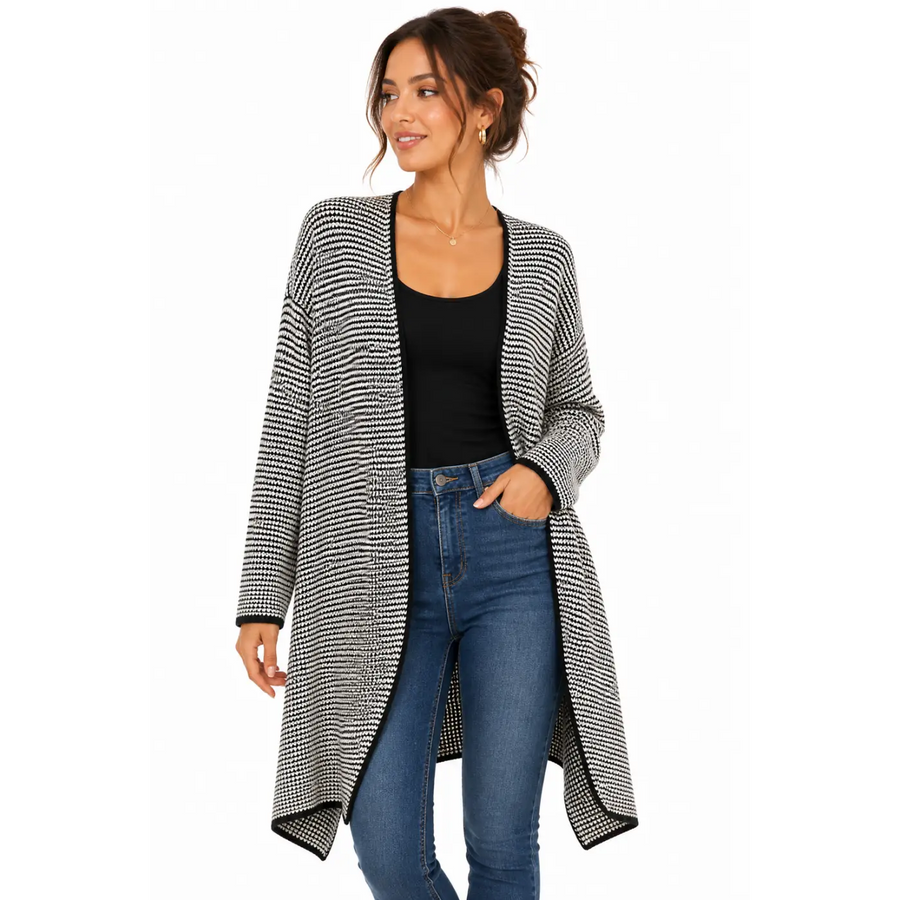 Women’s Black & White Oversized Knit Cardigan – Open Front Longline Sweater